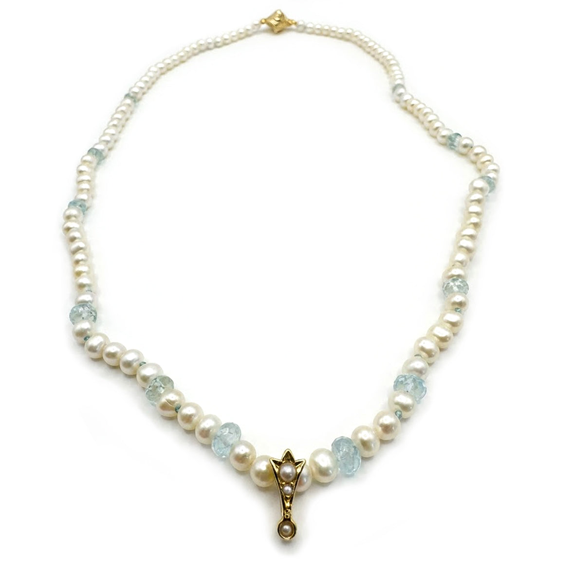 White South Sea & Rare Natural Seed Pearls on 15ct Yellow Gold & Aquamarine Star Necklace