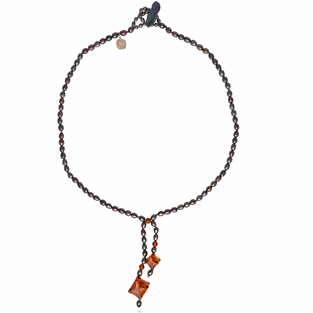 Black Freshwater Pearl &amp; Amber &#39;Honey Drop&#39; Kiss Necklace