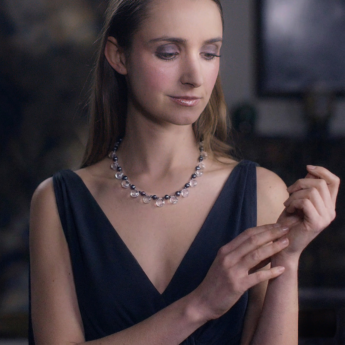 Faceted Rock Crystal Droplet Necklace With Black Pearl Spacers