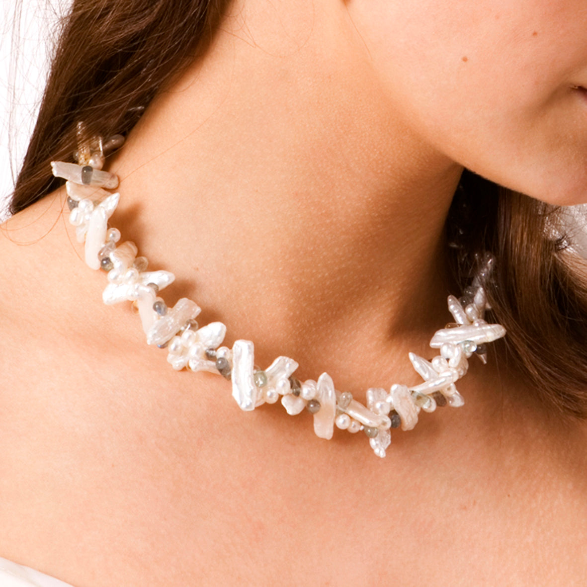 White Freshwater Pearl & Semi-Precious Stone Spiral Necklace