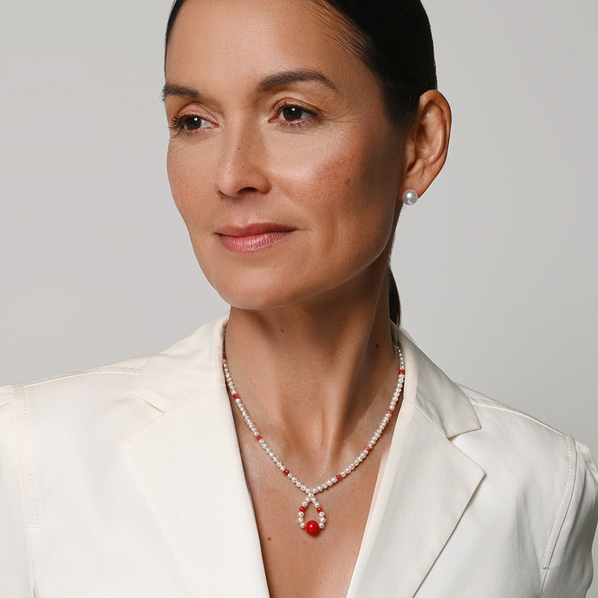 White Freshwater Pearl & Coral Necklace