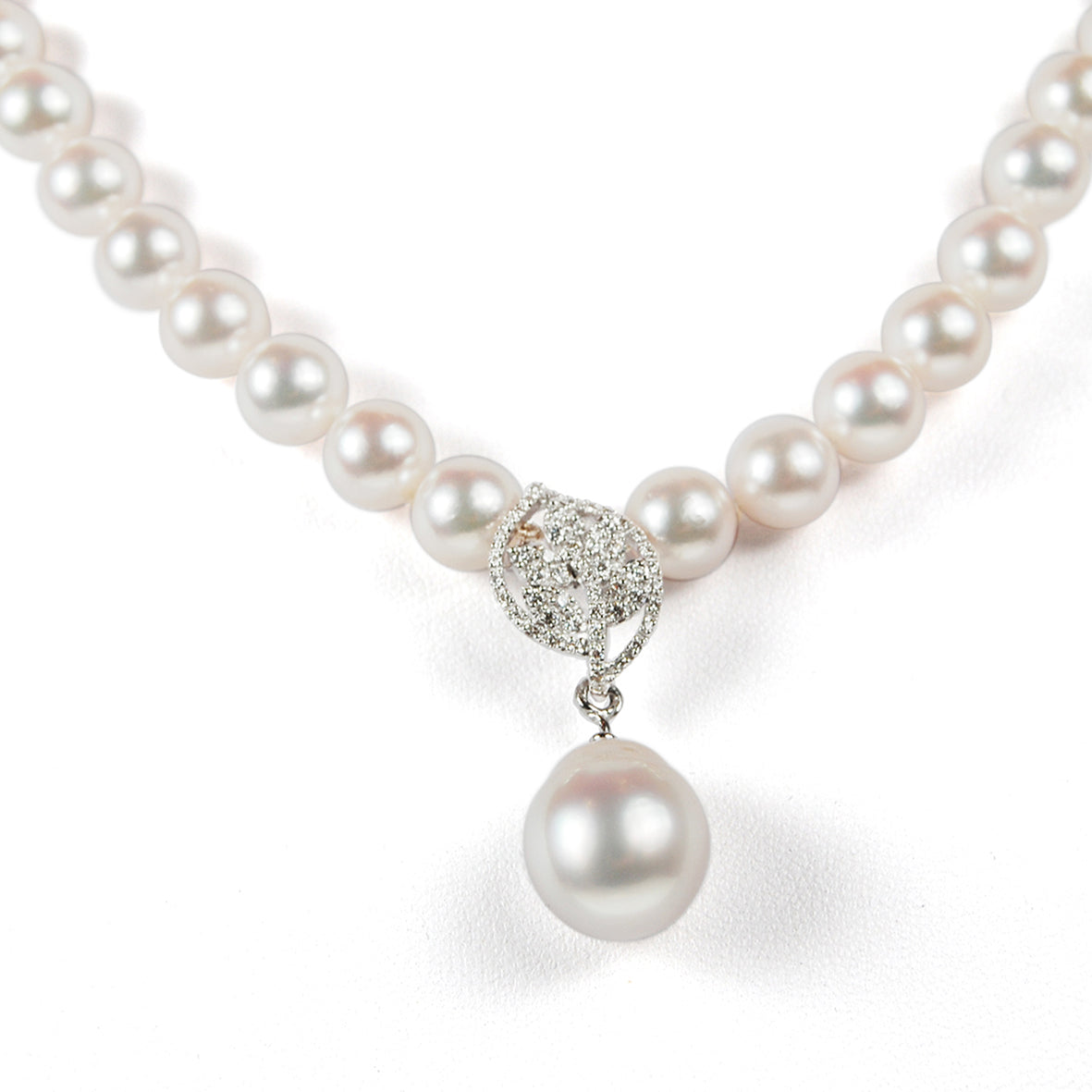 White Akoya & South Sea Pearl Necklace with Diamond Leaf Centrepiece