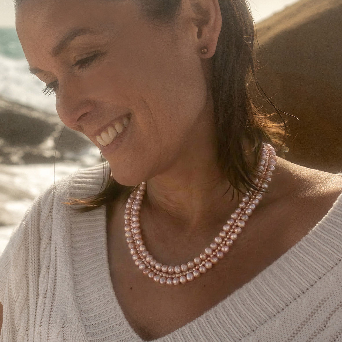 Pink Freshwater Pearl (Mixed Size) 3 Strand Necklace