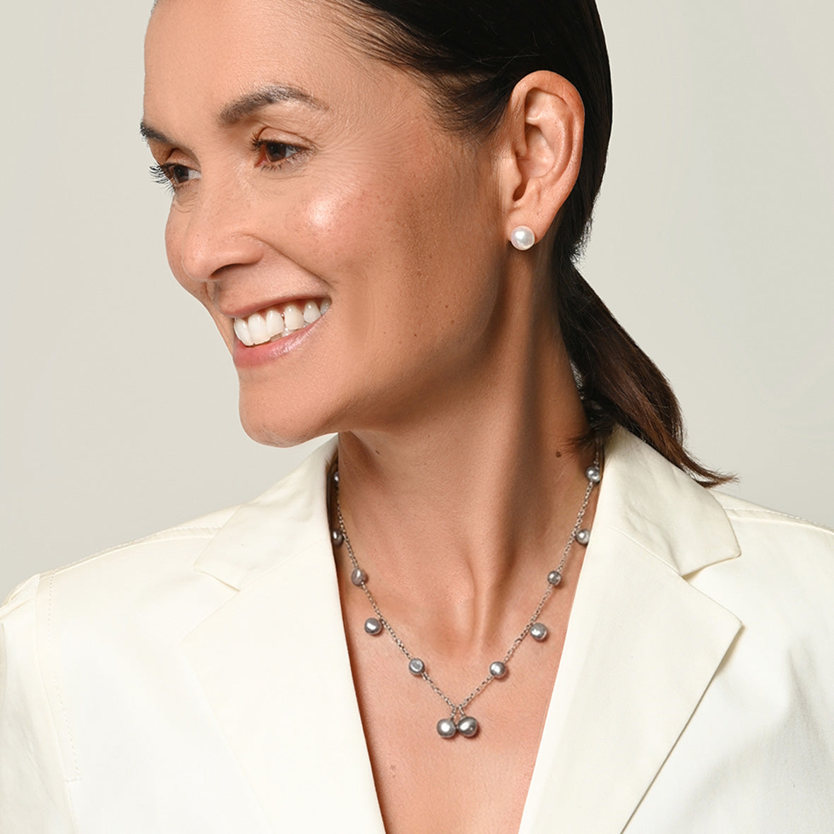 Grey Biwa Pearl & Silver Chain Necklace