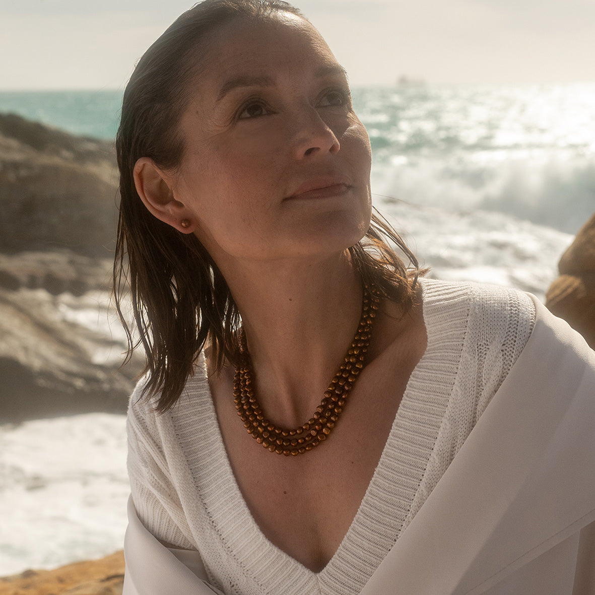 Copper Biwa Pearl 3 Strand 'Classic' Necklace