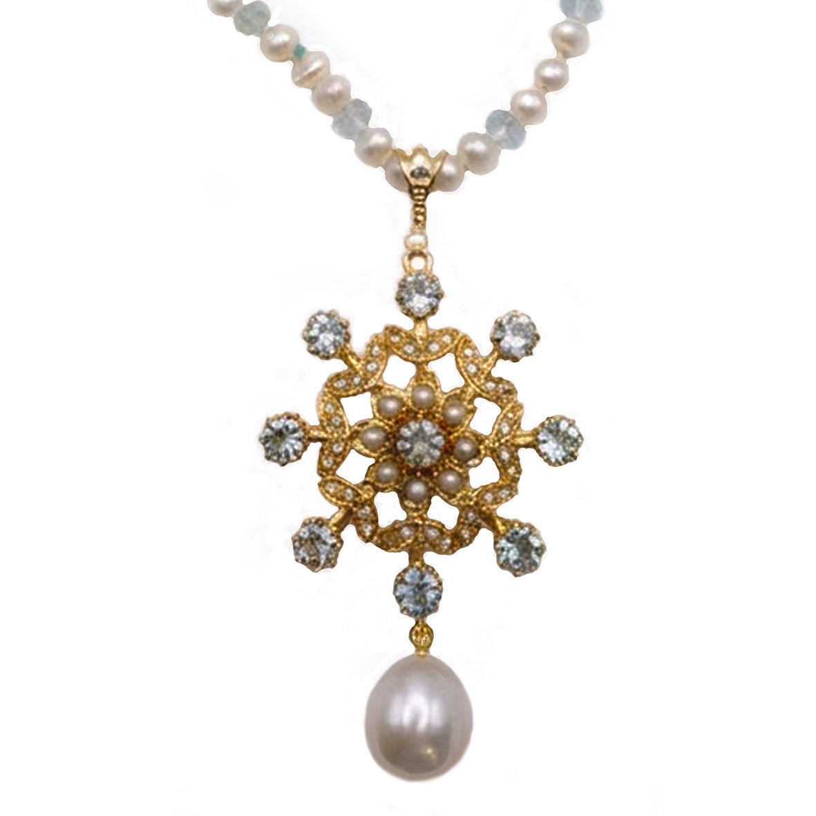 White South Sea & Rare Natural Seed Pearls on 15ct Yellow Gold & Aquamarine Star Necklace