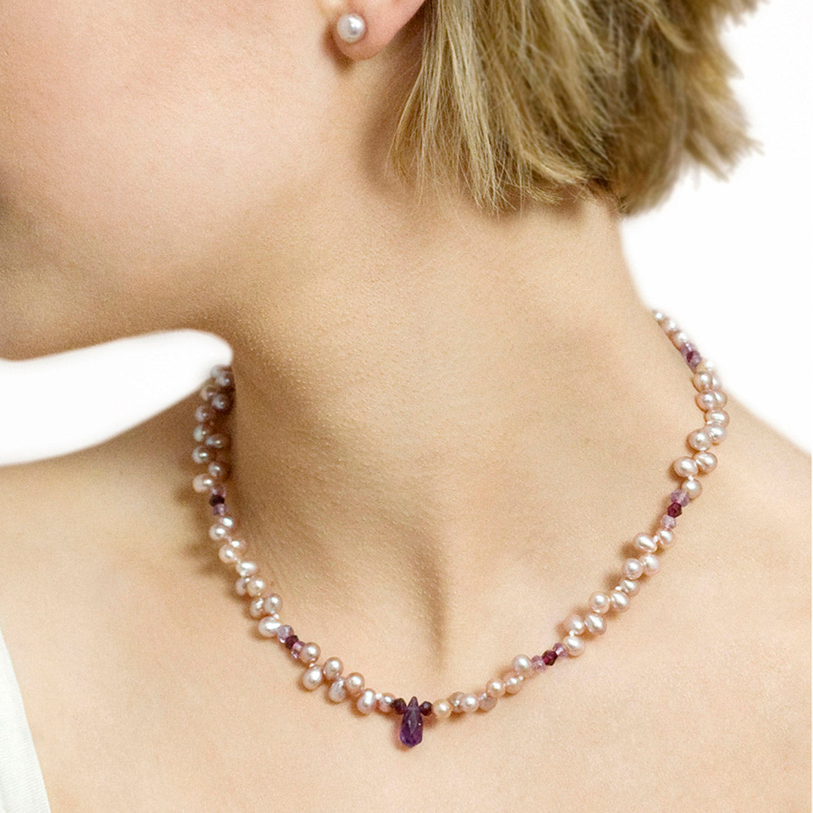Pink Freshwater Pearl, Garnet & Amethyst Droplet Necklace