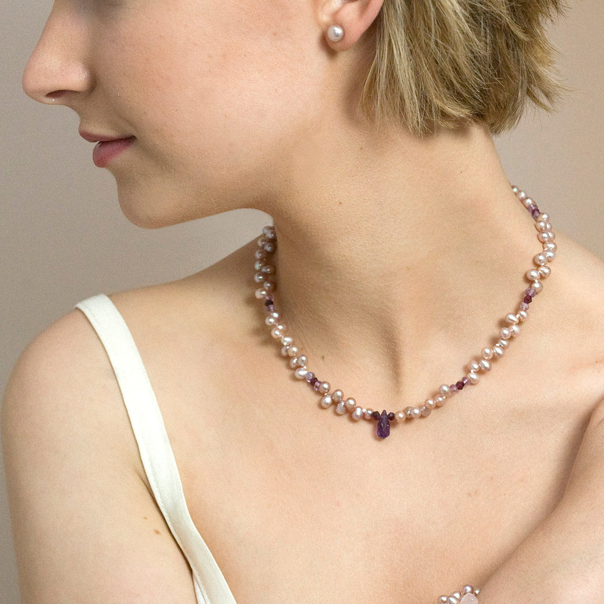 Pink Freshwater Pearl, Garnet & Amethyst Droplet Necklace