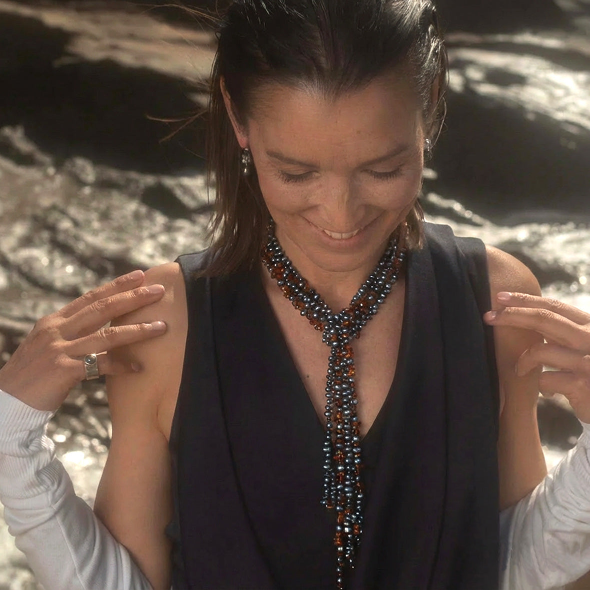Black Freshwater Pearl & Amber Lariat