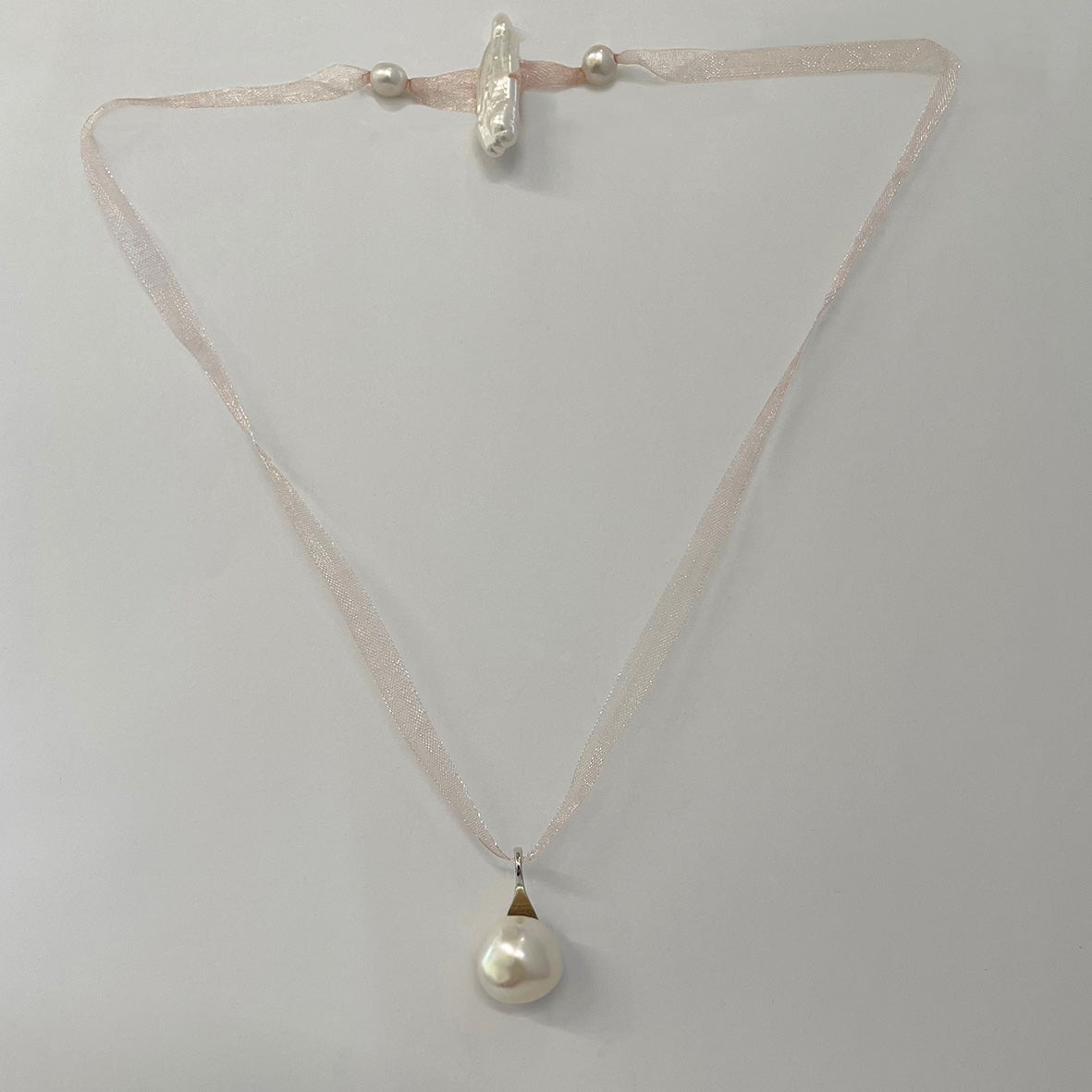 White Freshwater Pearl & Pink Silk Baroque Drop Pendant
