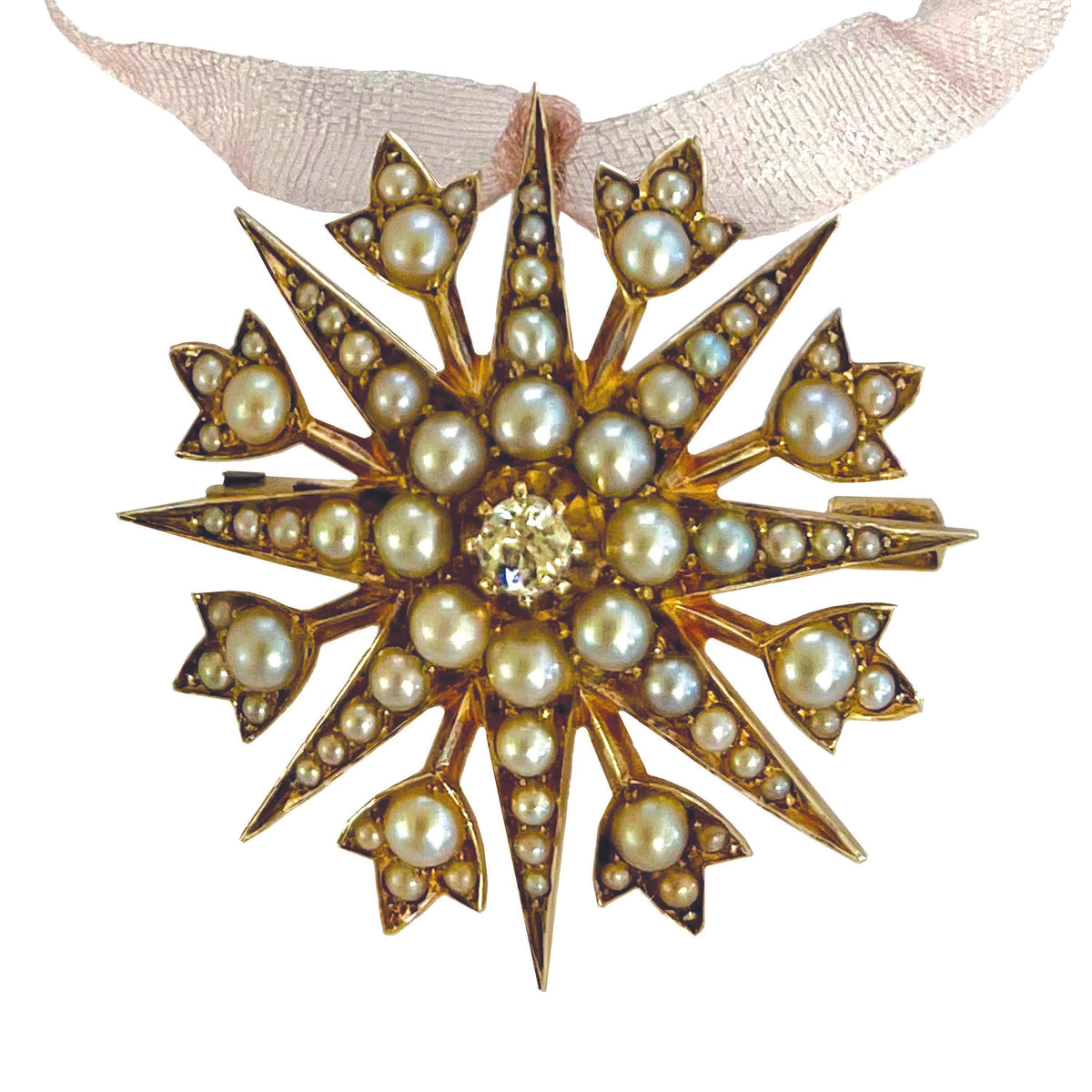 Rare White Natural Pearl & Rose-Cut Diamond, 15ct Yellow Gold, Victorian Starburst Pendant