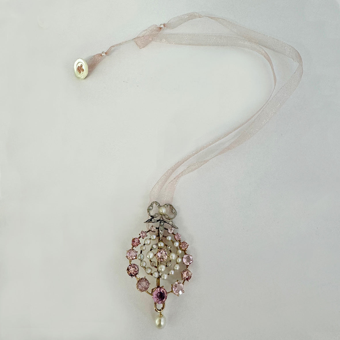 Rare White Natural Pearl, Tourmaline & Rose-Cut Diamond Platinum & 15ct Rose Gold Edwardian Gauze Pin-Pendant