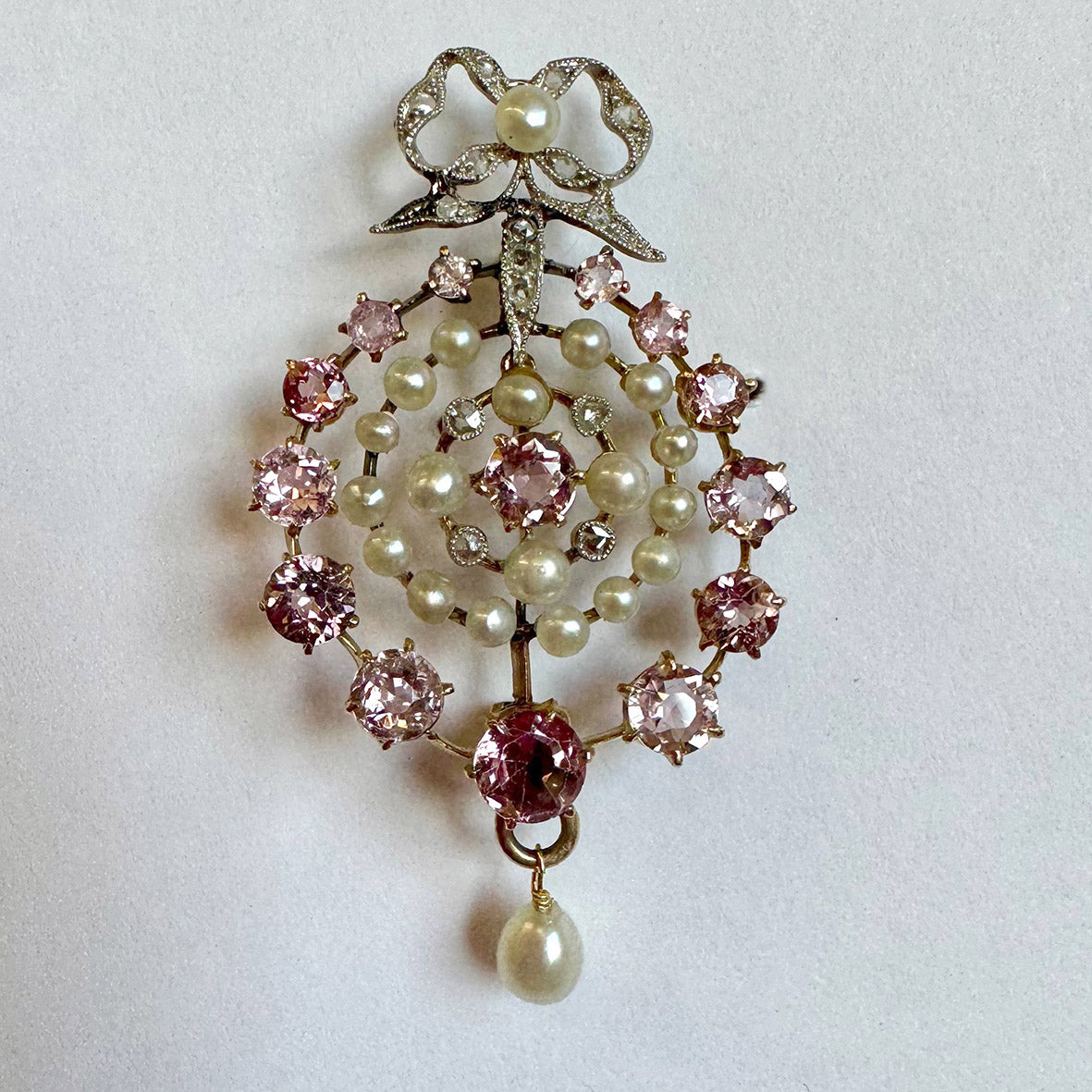 Rare White Natural Pearl, Tourmaline & Rose-Cut Diamond Platinum & 15ct Rose Gold Edwardian Gauze Pin-Pendant