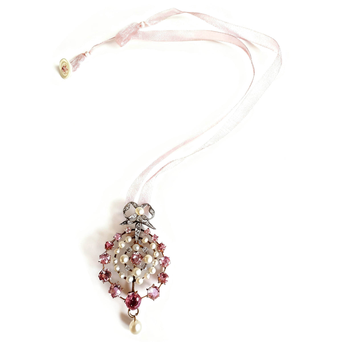 Rare White Natural Pearl, Tourmaline & Rose-Cut Diamond Platinum & 15ct Rose Gold Edwardian Gauze Pin-Pendant