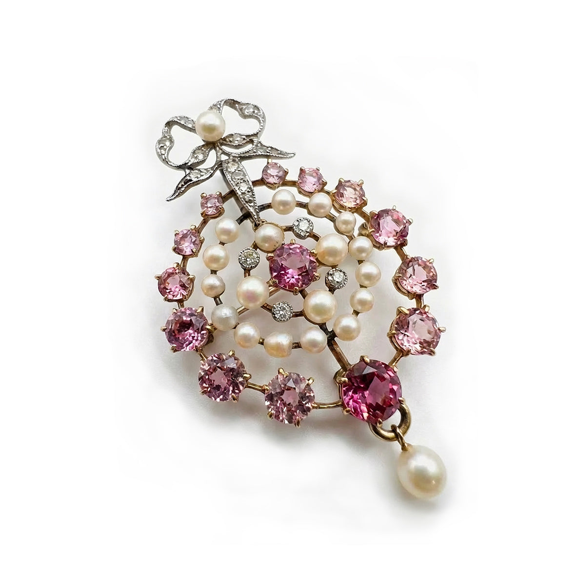 Rare White Natural Pearl, Tourmaline & Rose-Cut Diamond Platinum & 15ct Rose Gold Edwardian Gauze Pin-Pendant