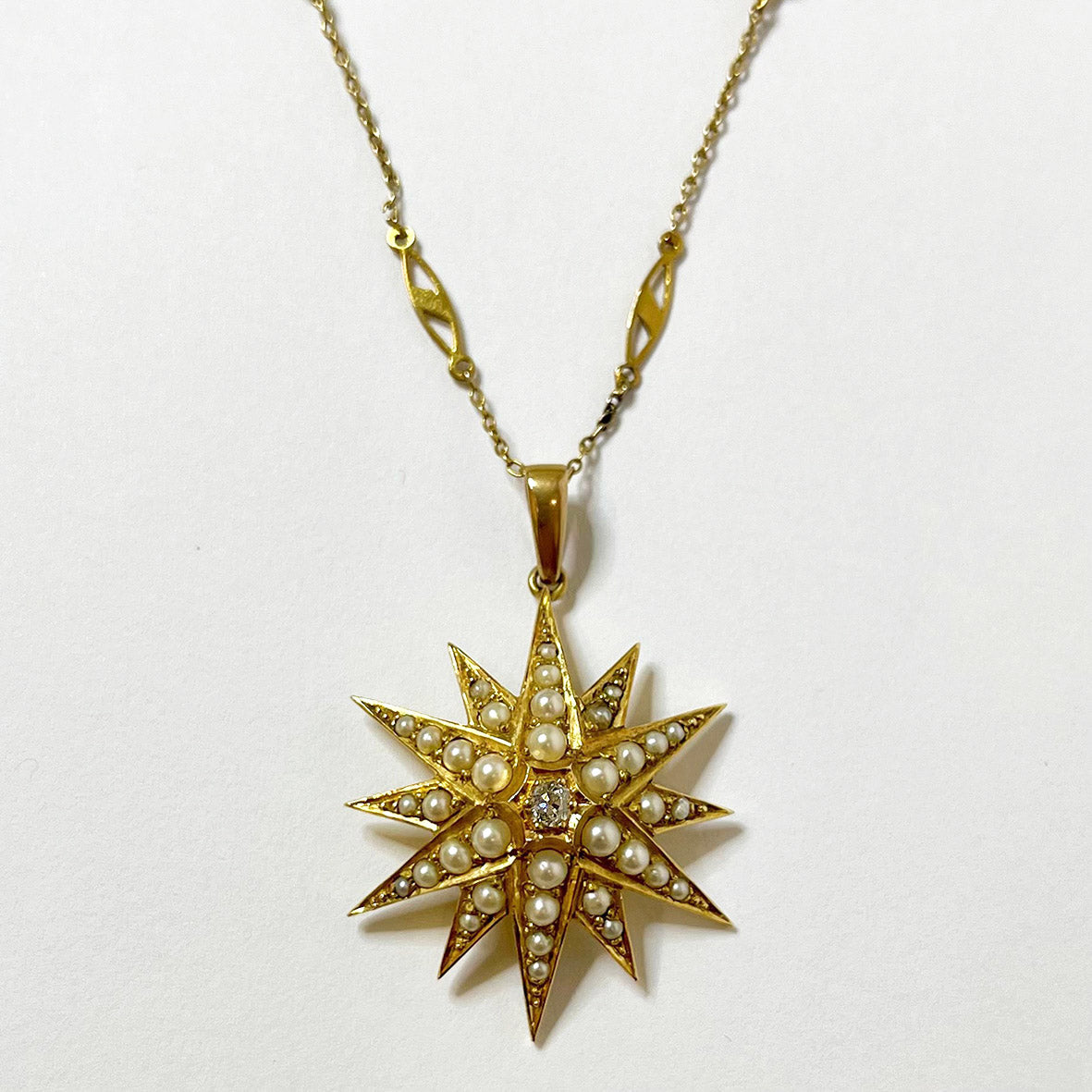 Rare White Natural Pearl & Old-Cut Diamond Edwardian Starburst, 18ct Gold Chain, Pendant