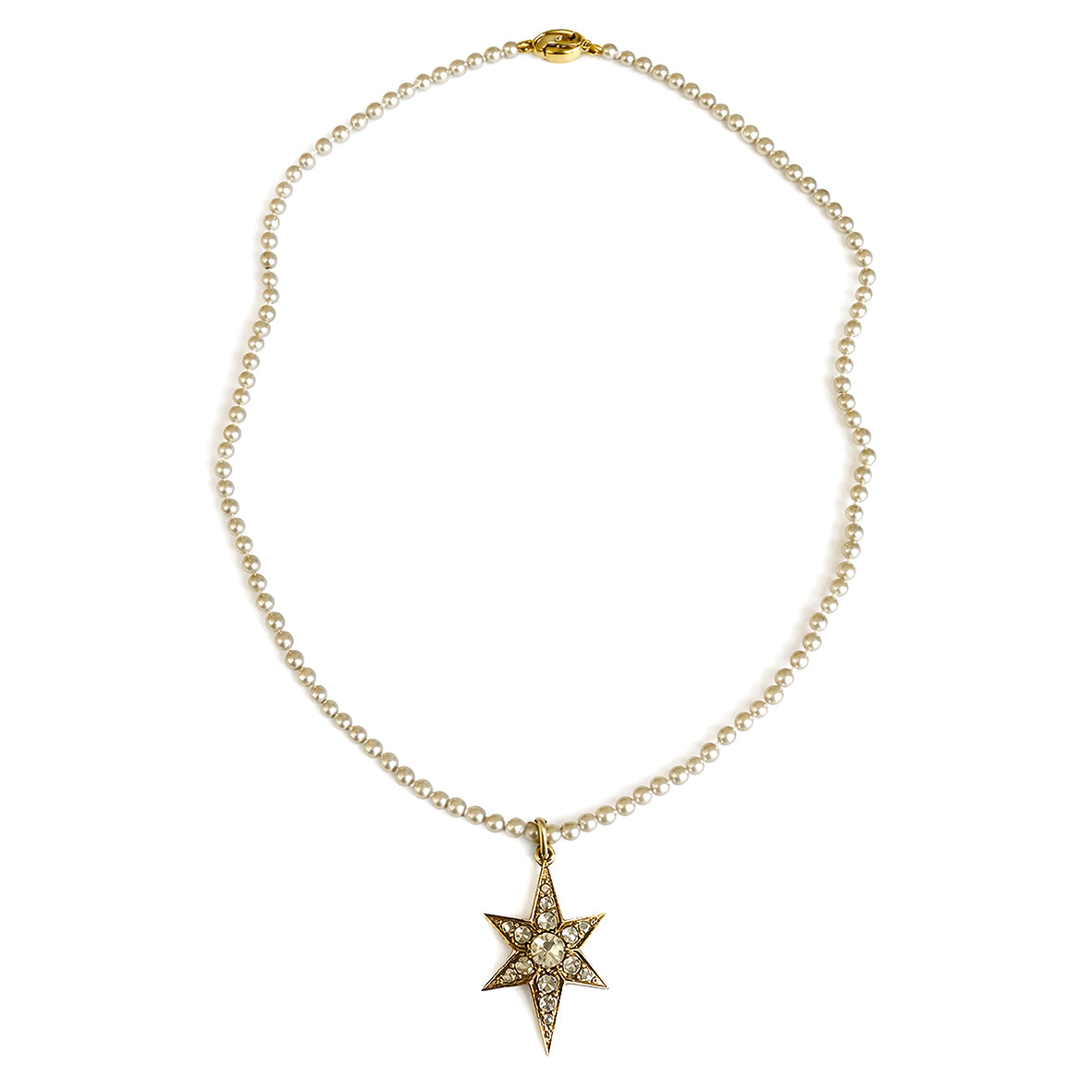 Gold Akoya Baby Pearl Necklace with Antique Six-Point Star Diamond Pendant