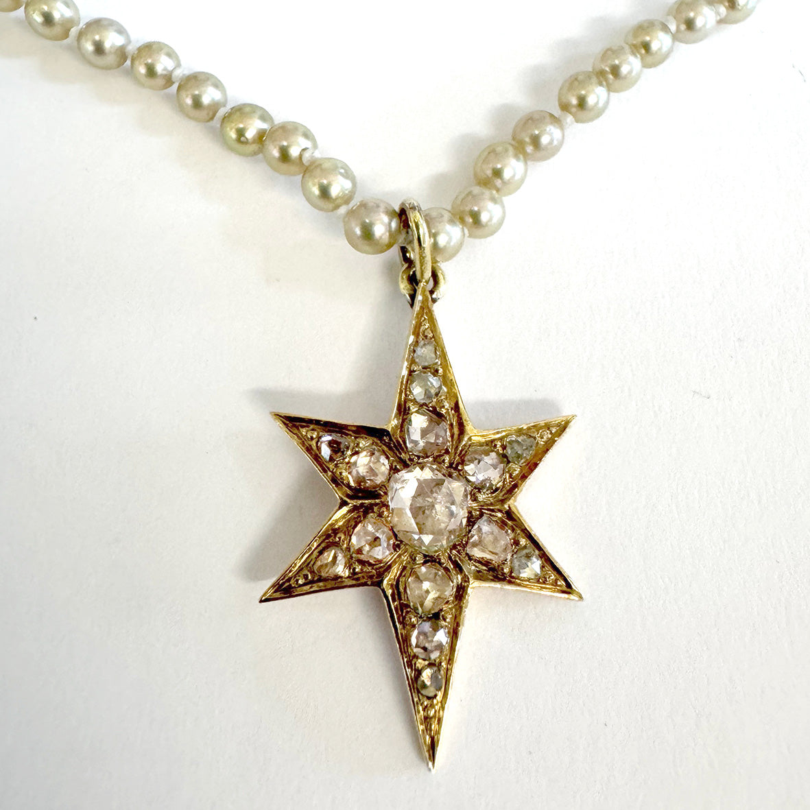 Gold Akoya Baby Pearl Necklace with Antique Six-Point Star Diamond Pendant
