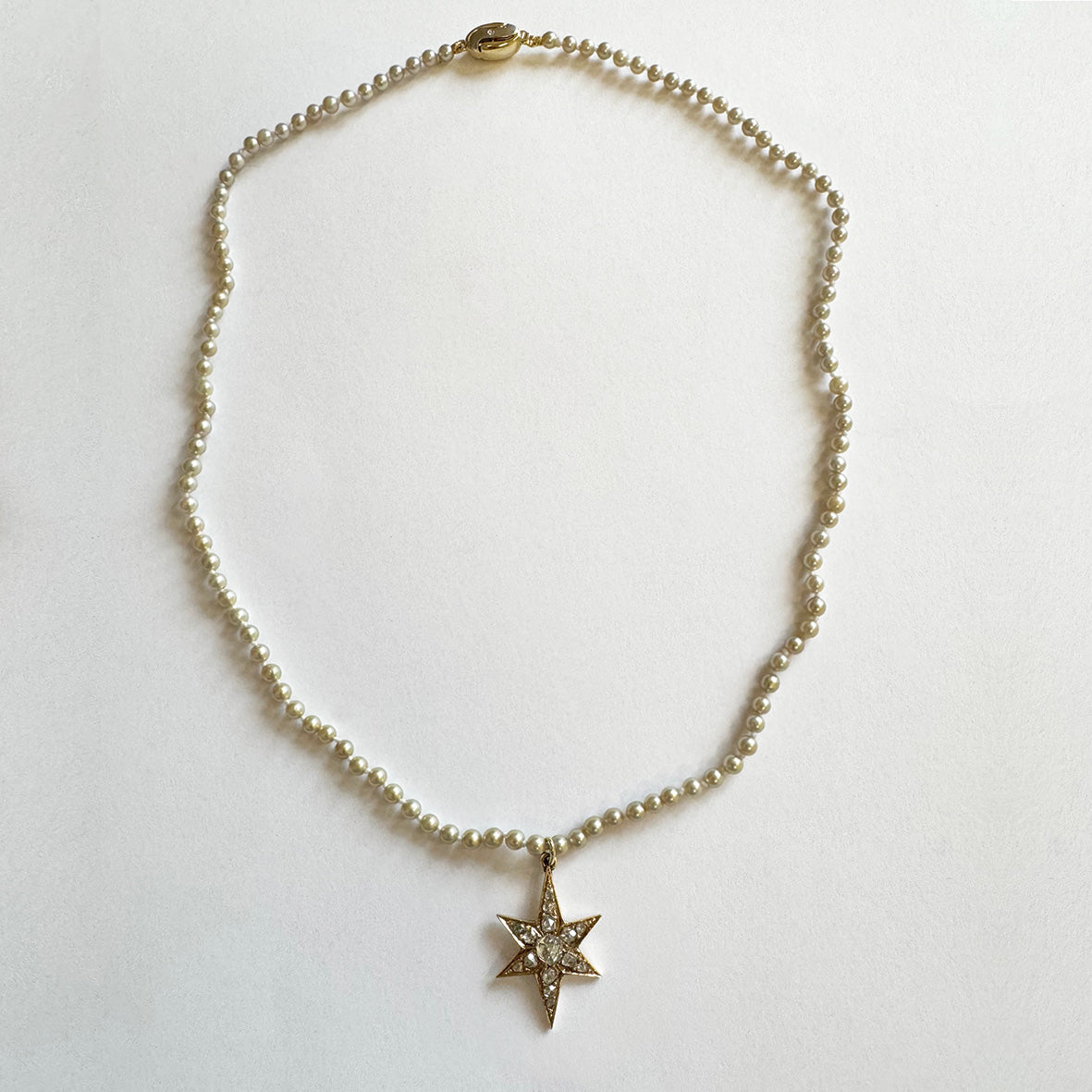 Gold Akoya Baby Pearl Necklace with Antique Six-Point Star Diamond Pendant