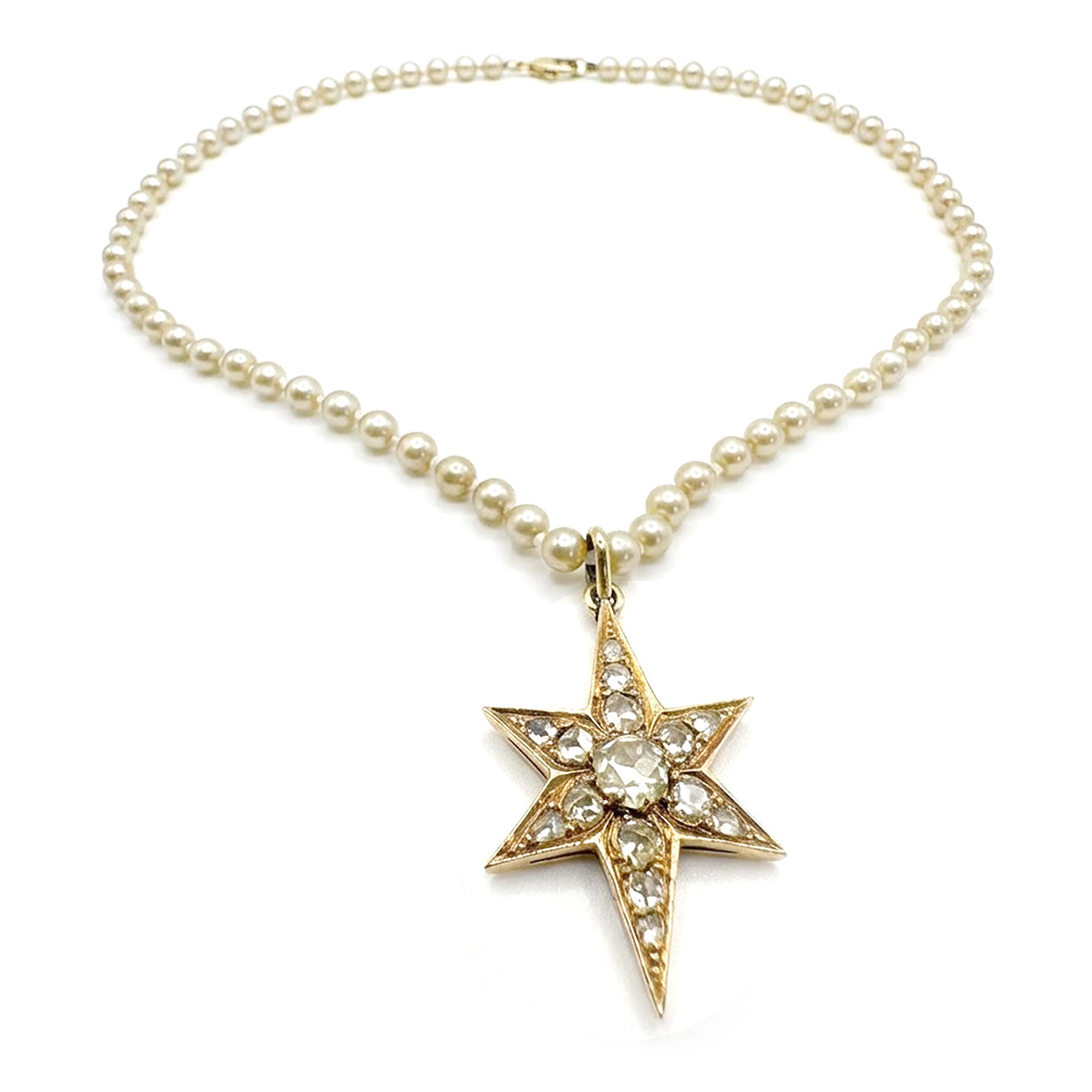 Gold Akoya Baby Pearl Necklace with Antique Six-Point Star Diamond Pendant