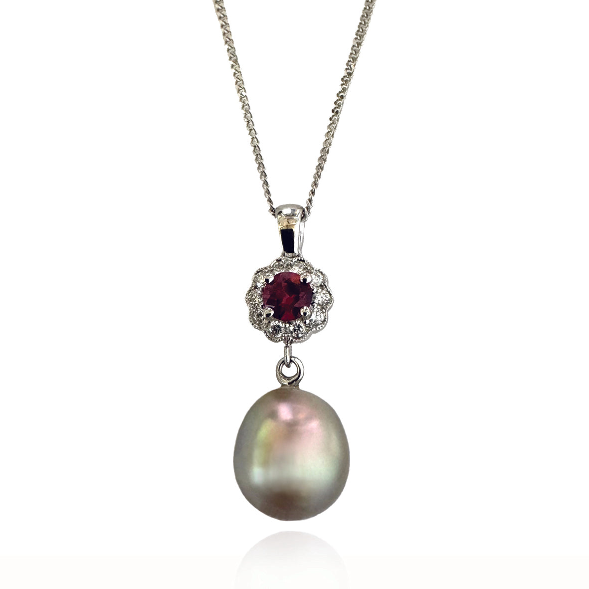 Pink Tahitian Pearl, Ruby & Diamond, 18ct White Gold Chain, Pendant