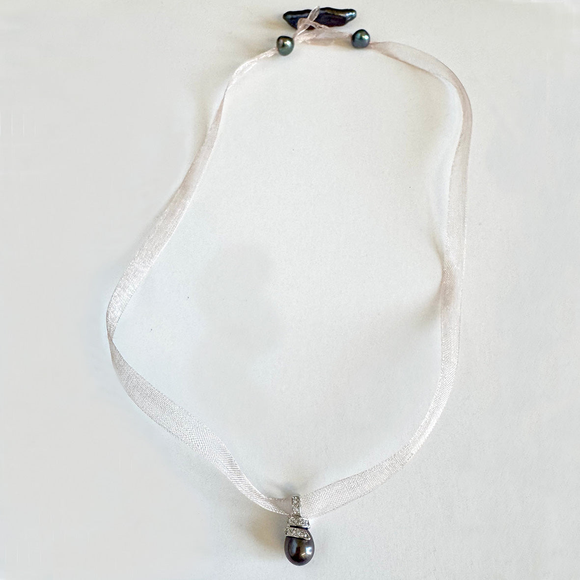 Black-Blue Freshwater Pearl & Diamond 18ct White Gold & Pink Silk Pendant