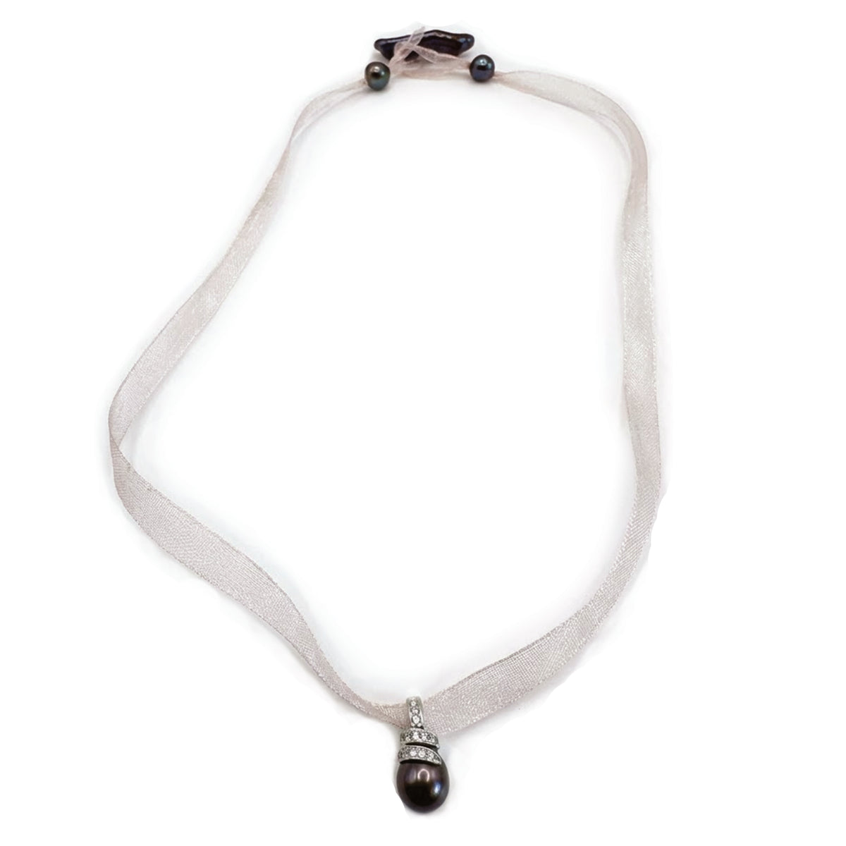 Black-Blue Freshwater Pearl & Diamond 18ct White Gold & Pink Silk Pendant