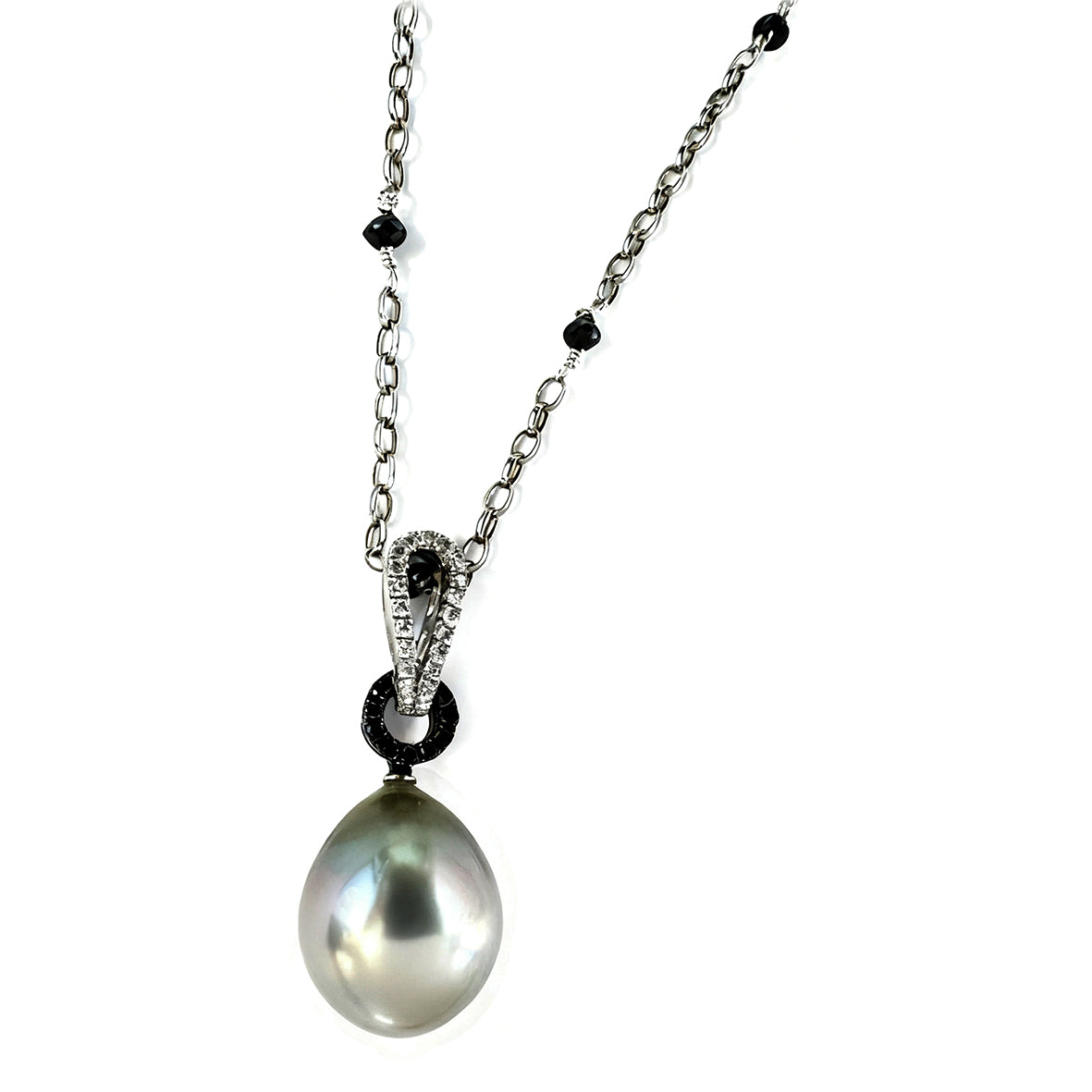 Grey Tahitian Pearl Black & White Diamonds on 18ct White Gold Chain Pendant