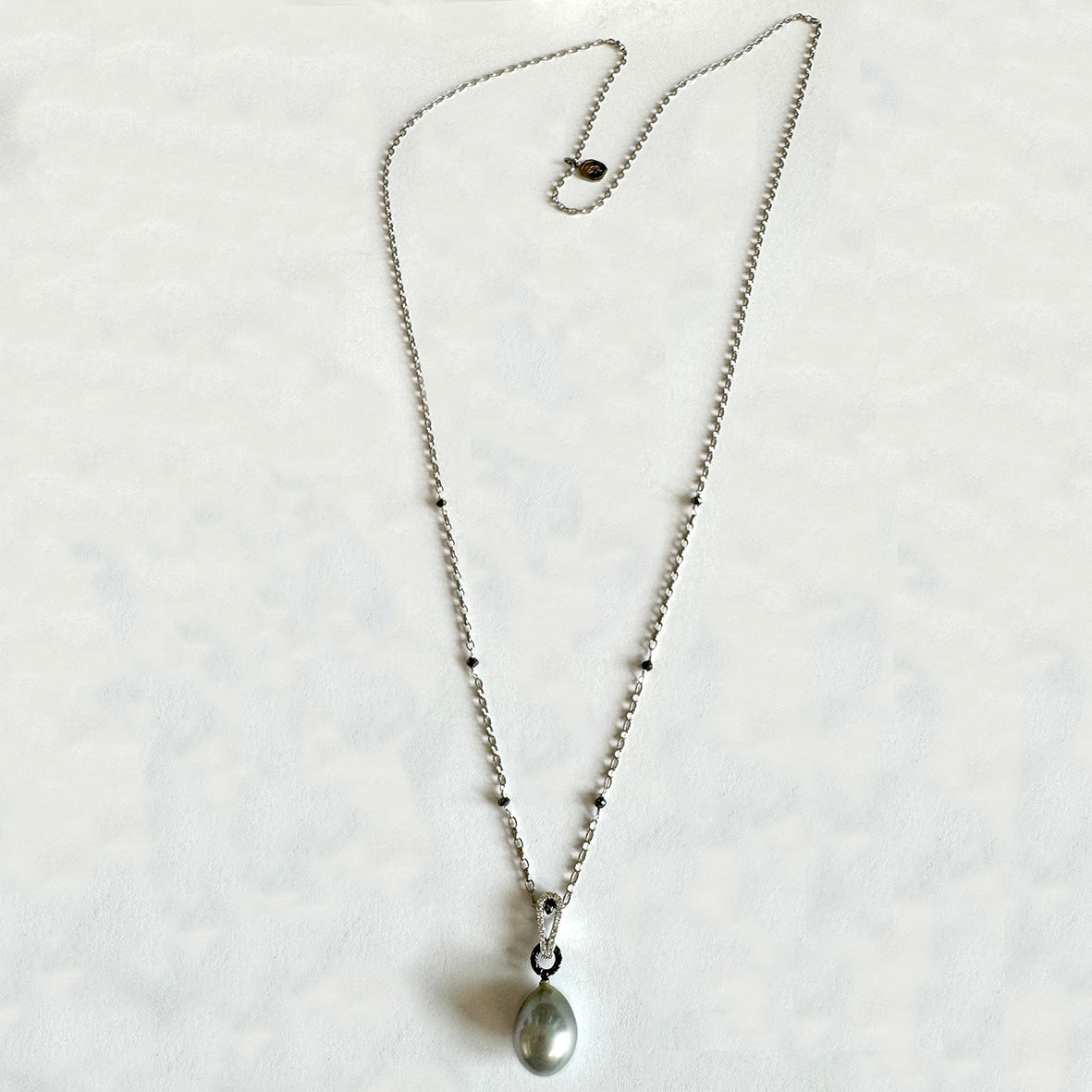 Grey Tahitian Pearl Black & White Diamonds on 18ct White Gold Chain Pendant
