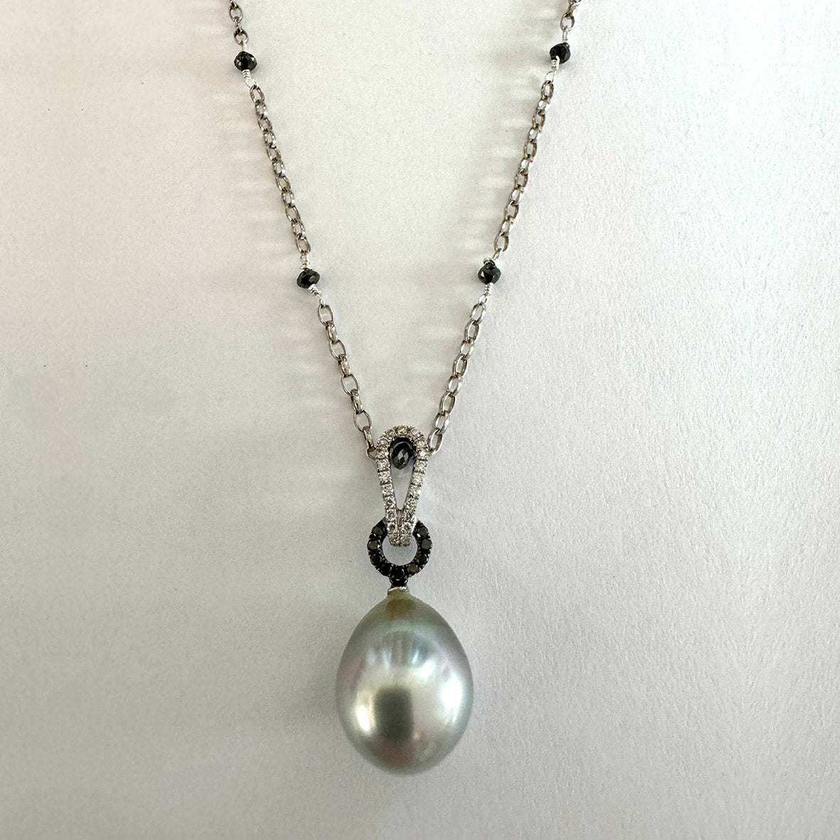 Grey Tahitian Pearl Black & White Diamonds on 18ct White Gold Chain Pendant