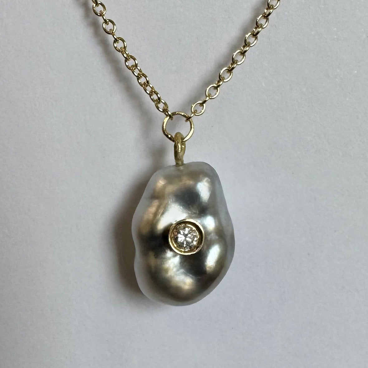 Grey Tahitian Keshi Pearl & Diamond 'Kiss' Pendant