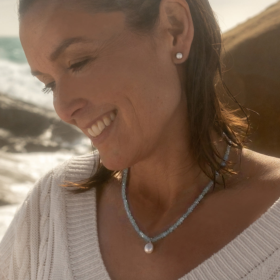 White Freshwater Pearl & Apatite Drop Necklace