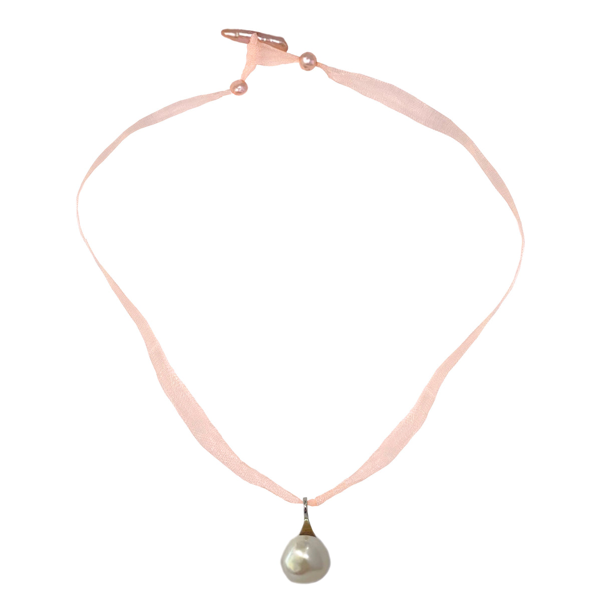 White Freshwater Pearl & Pink Silk Baroque Drop Pendant