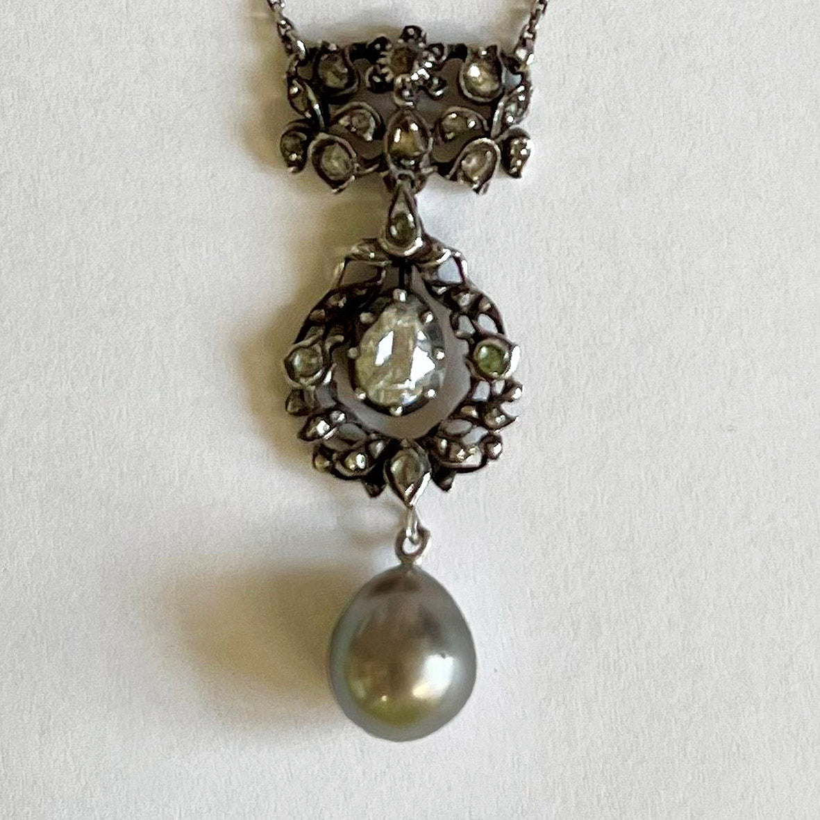 Grey Tahitian Pearl & Pear-Cut Diamond Victorian Pendant