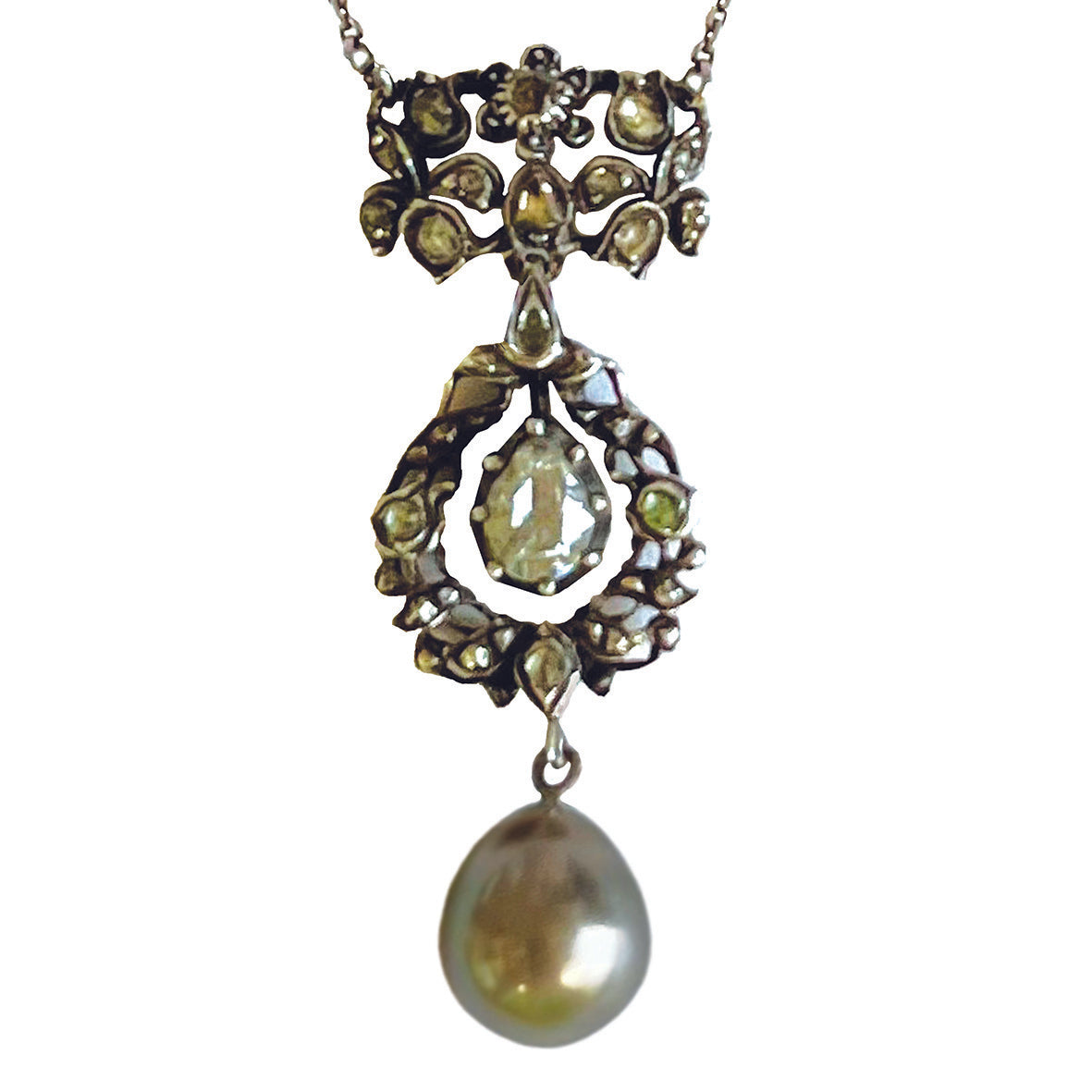 Grey Tahitian Pearl & Pear-Cut Diamond Victorian Pendant