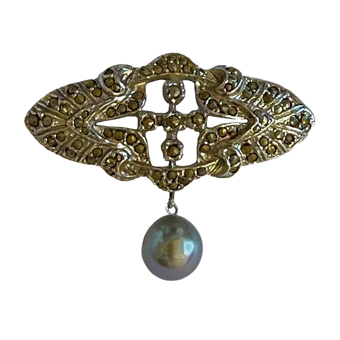 Grey Freshwater Pearl & Marcasite Original Art Deco Brooch