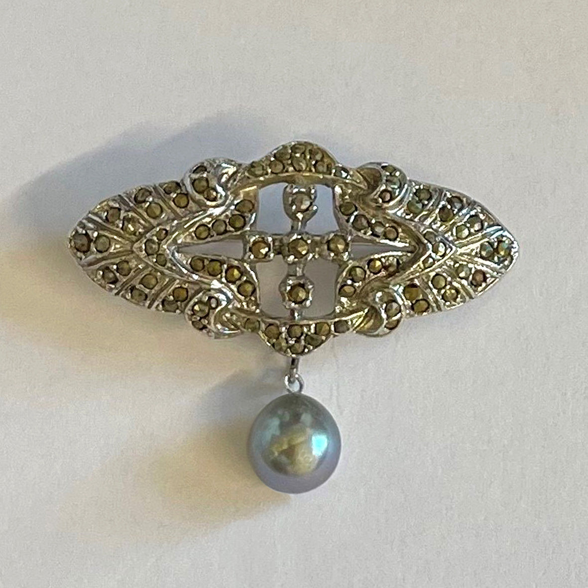 Grey Freshwater Pearl & Marcasite Original Art Deco Brooch