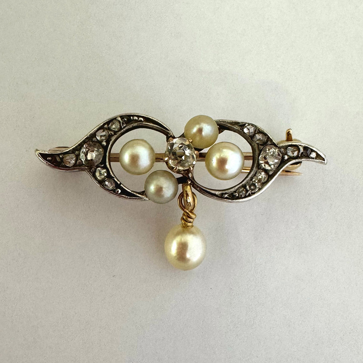 Rare White Natural Pearl & Rose-Cut Diamond 15ct Rose Gold Edwardian Scroll Brooch