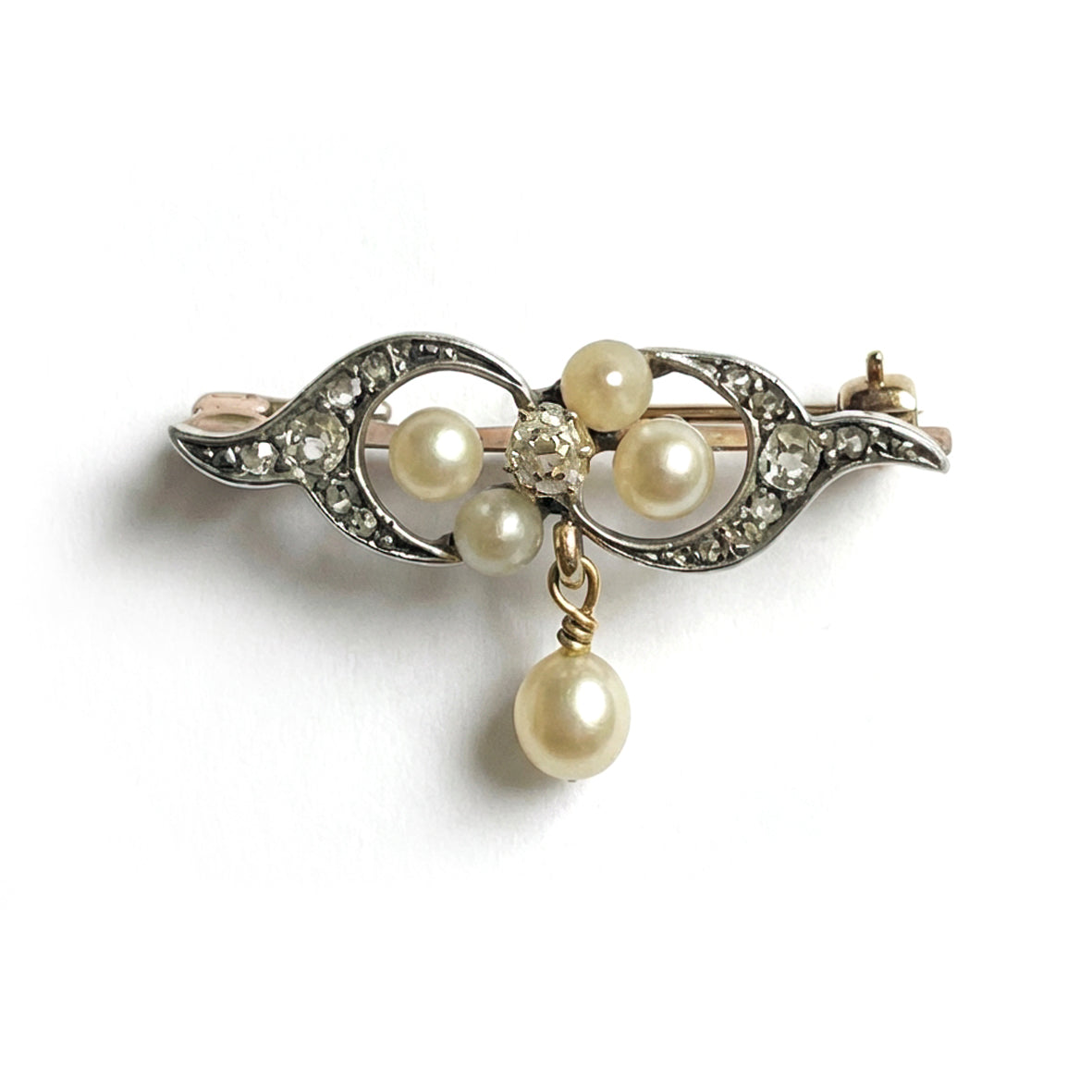Rare White Natural Pearl & Rose-Cut Diamond 15ct Rose Gold Edwardian Scroll Brooch