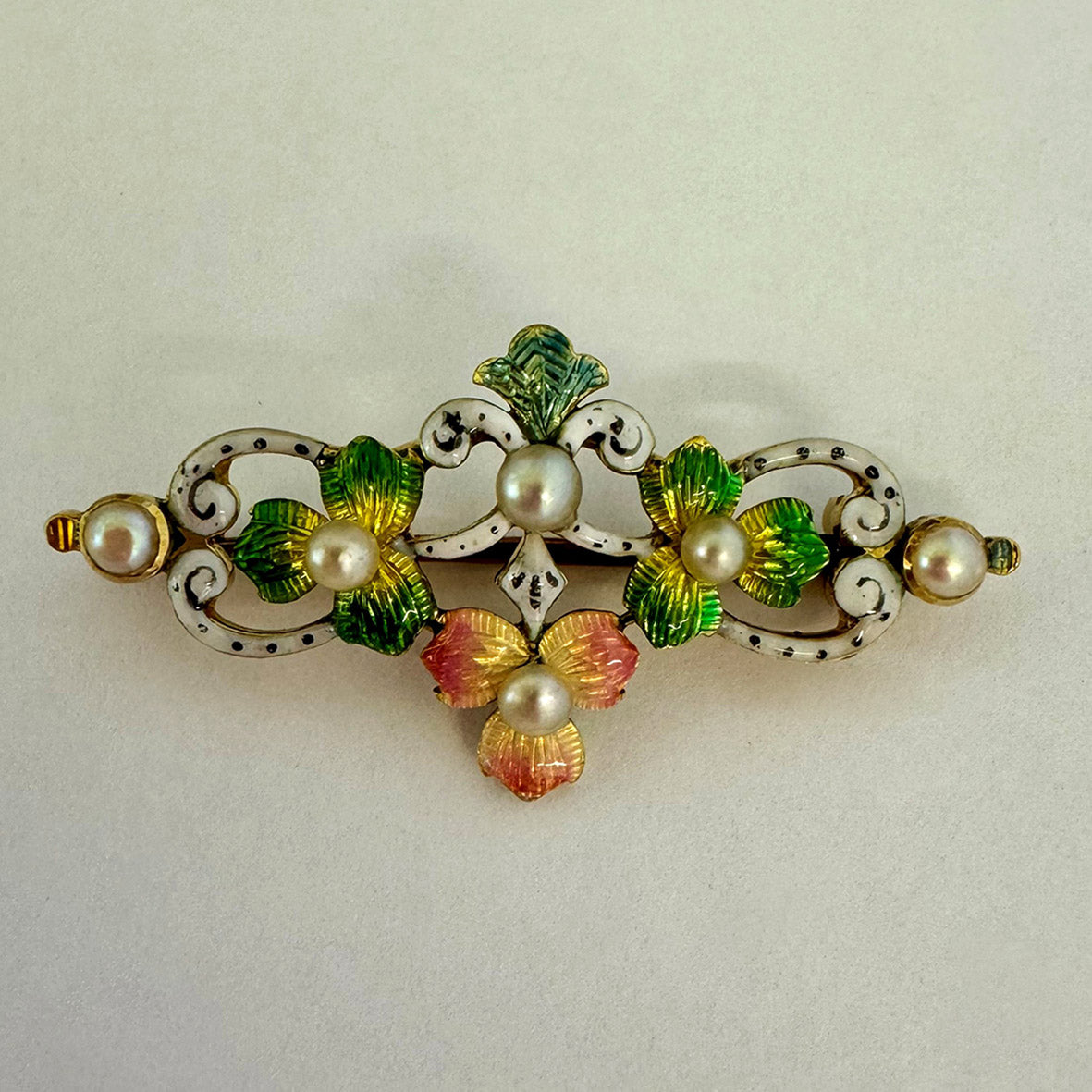 Rare White Natural Pearl & Polychrome Enamel Victorian Floral Brooch