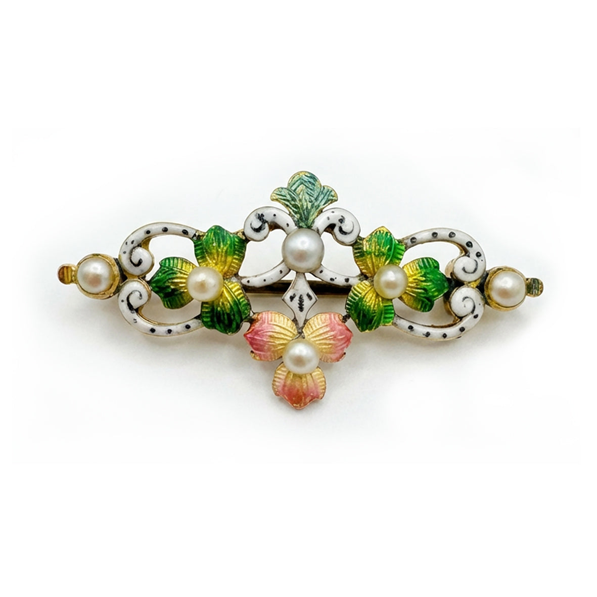 Rare White Natural Pearl & Polychrome Enamel Victorian Floral Brooch