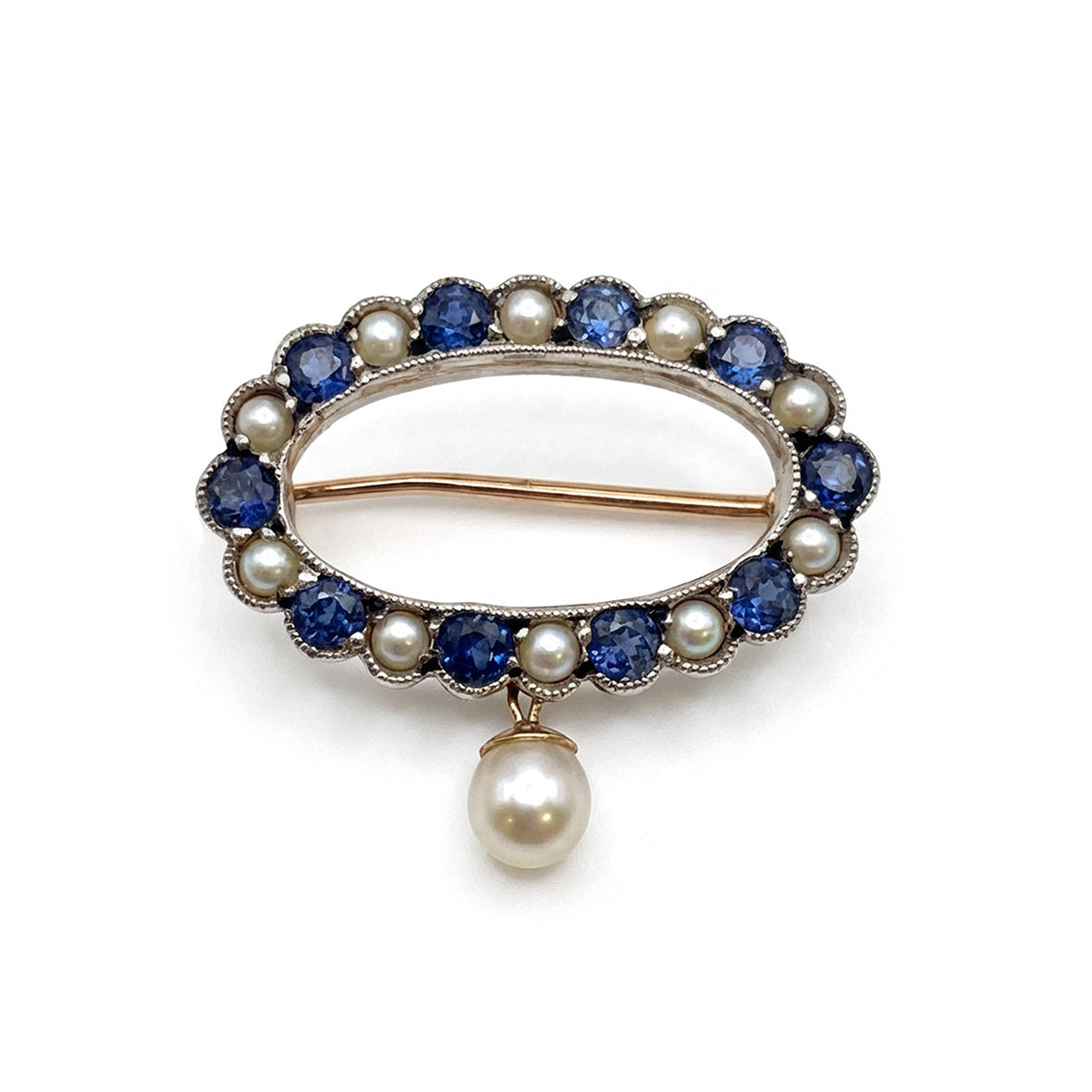 Rare White Natural Pearl & Rose-Cut Sapphire Platinum & 15ct Rose Gold Art Deco Oval Brooch