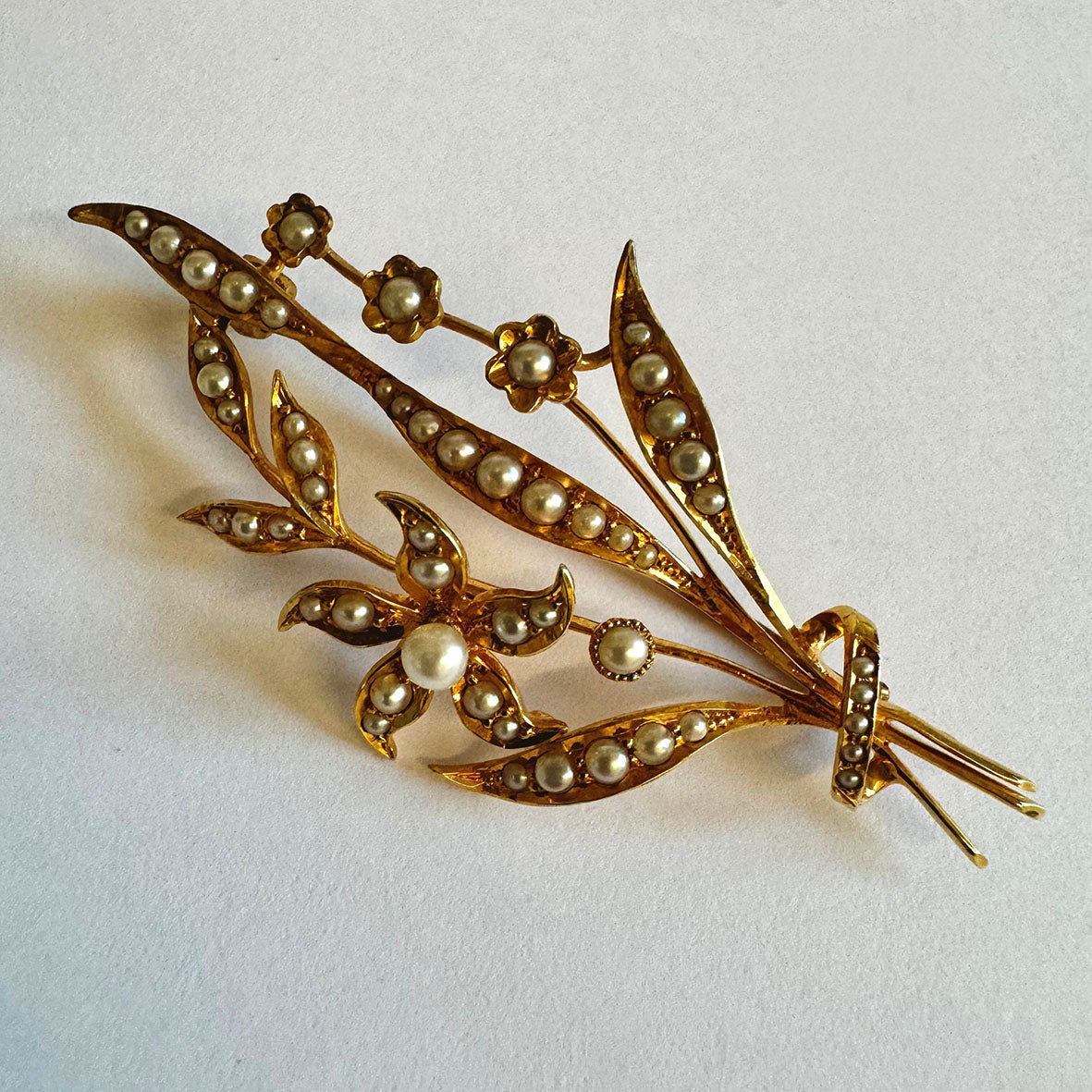 White Akoya Seed Pearl 15ct Yellow Gold Foliate Spray Brooch