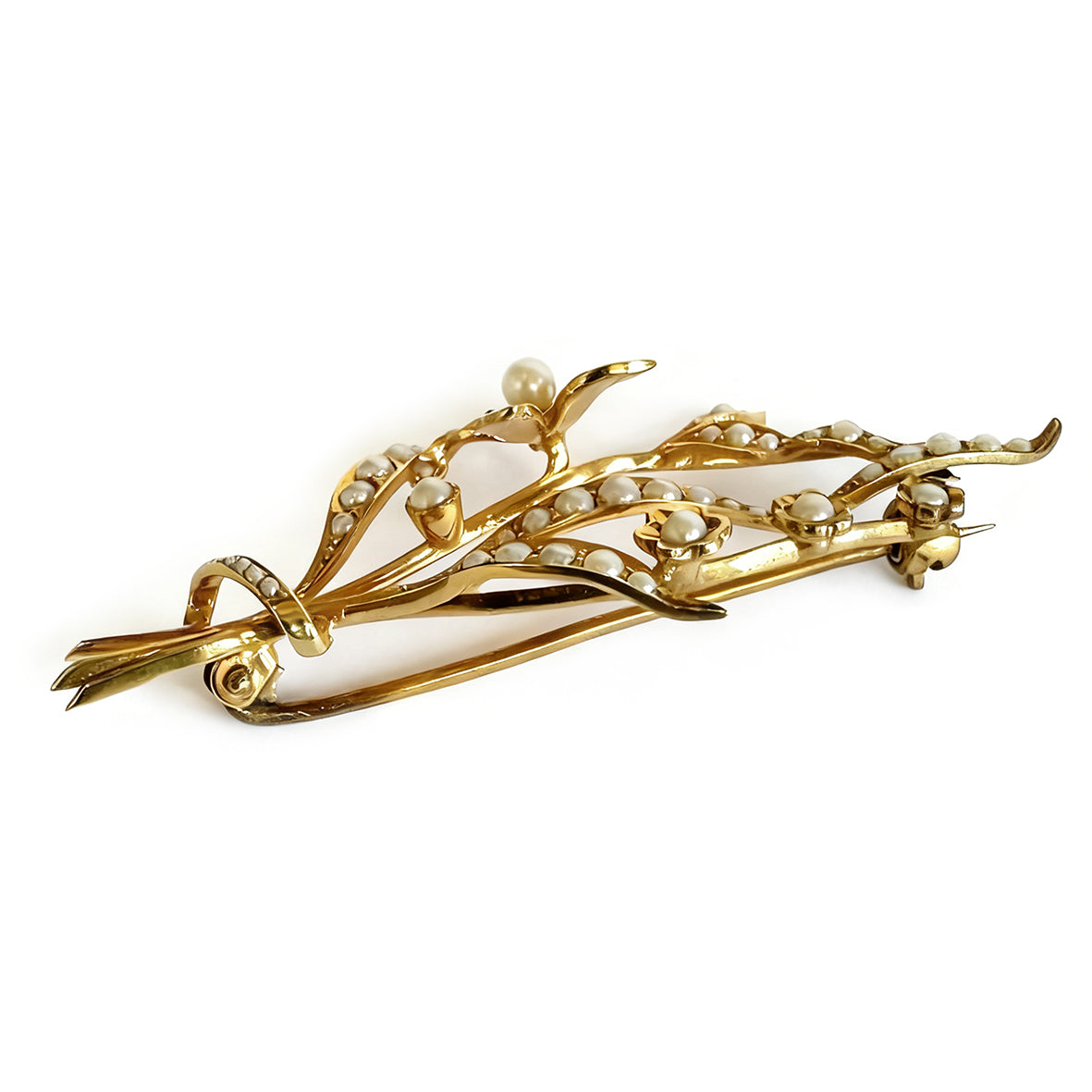 White Akoya Seed Pearl 15ct Yellow Gold Foliate Spray Brooch