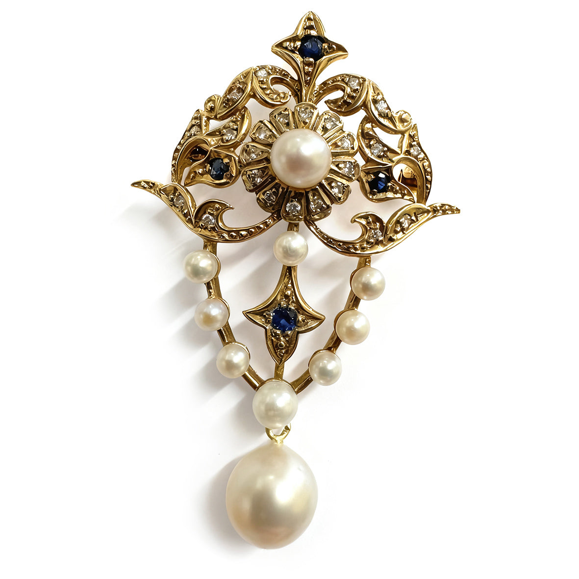 White Akoya Pearls Sapphire & Diamond 9ct Yellow Gold Pendant-Brooch