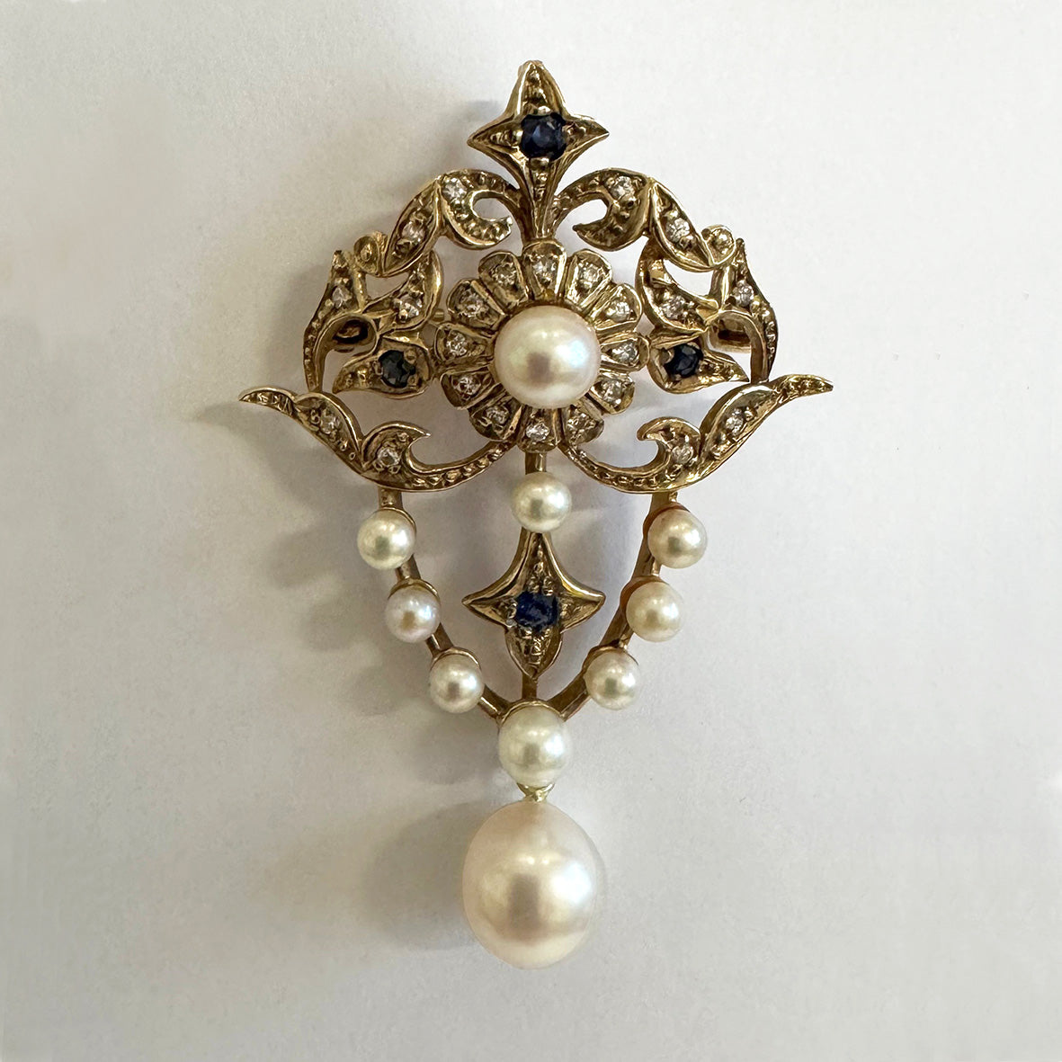 White Akoya Pearls Sapphire & Diamond 9ct Yellow Gold Pendant-Brooch