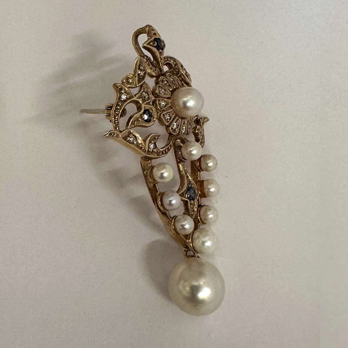 White Akoya Pearls Sapphire & Diamond 9ct Yellow Gold Pendant-Brooch