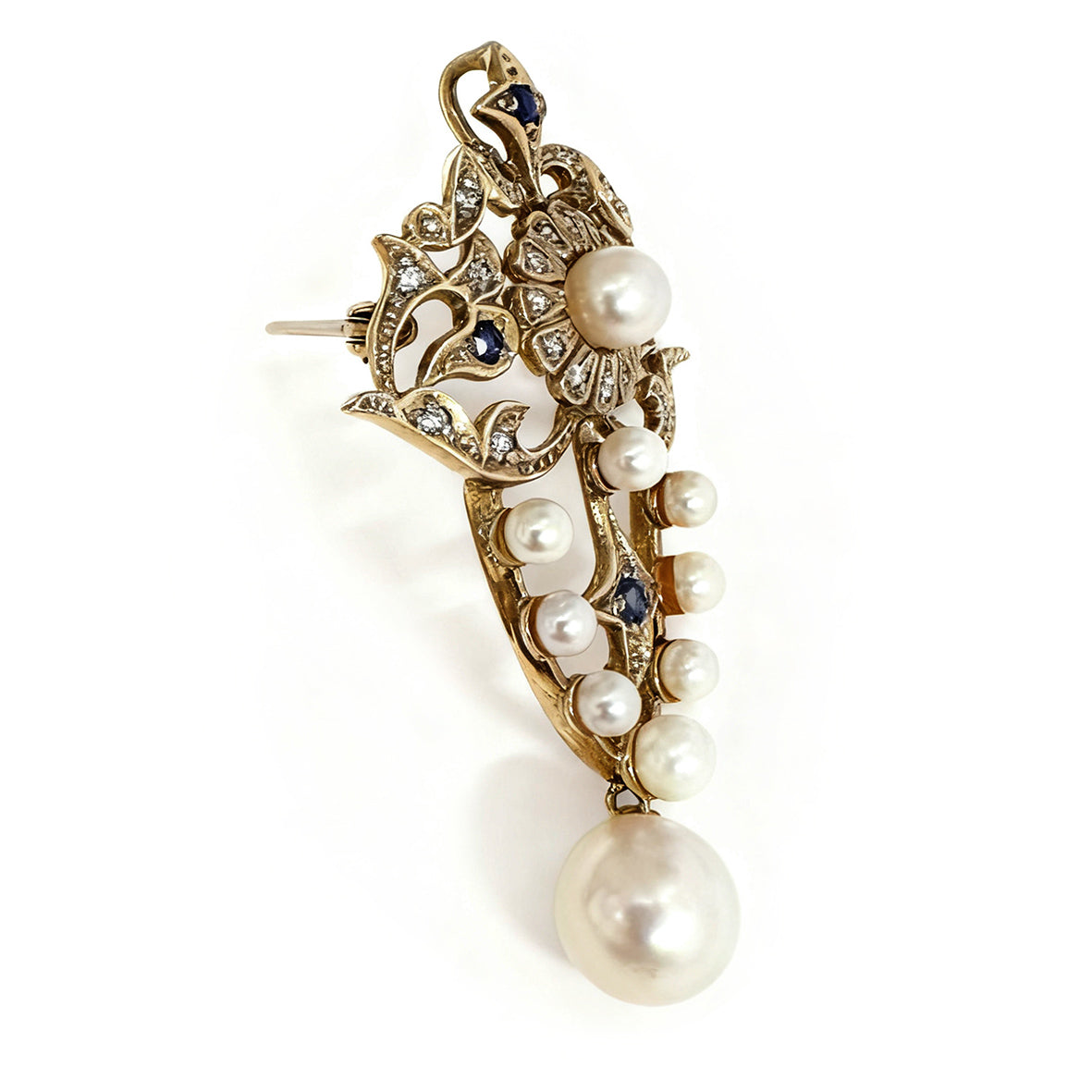 White Akoya Pearls Sapphire & Diamond 9ct Yellow Gold Pendant-Brooch