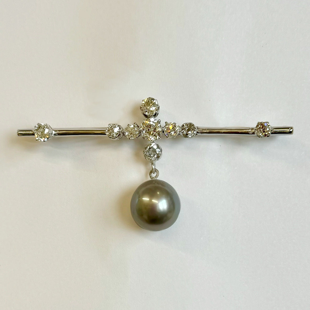 Pale Grey-Blue Tahitian Pearl, Edwardian Bar with Rose-Cut Diamonds, 18ct White Gold, Brooch