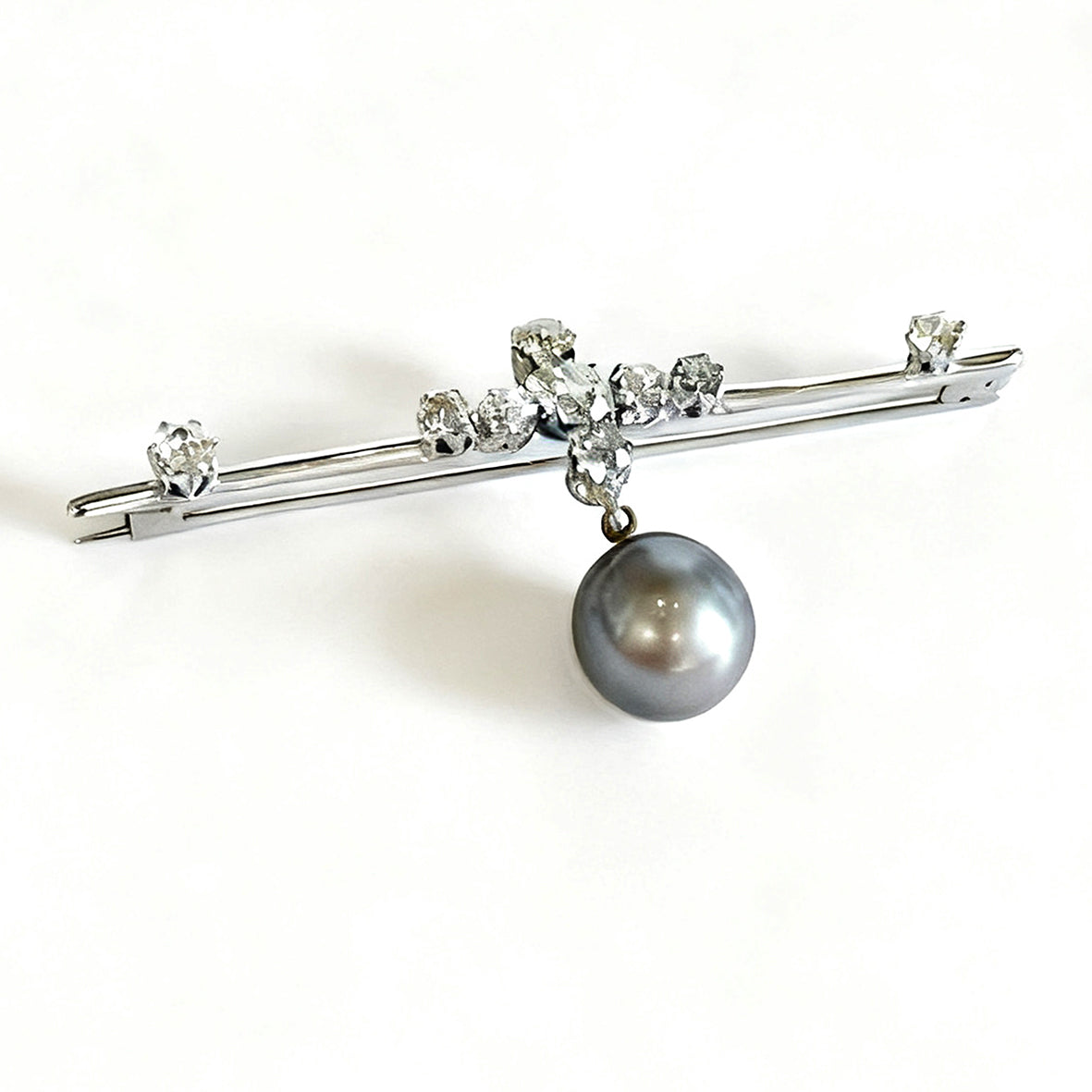 Pale Grey-Blue Tahitian Pearl, Edwardian Bar with Rose-Cut Diamonds, 18ct White Gold, Brooch
